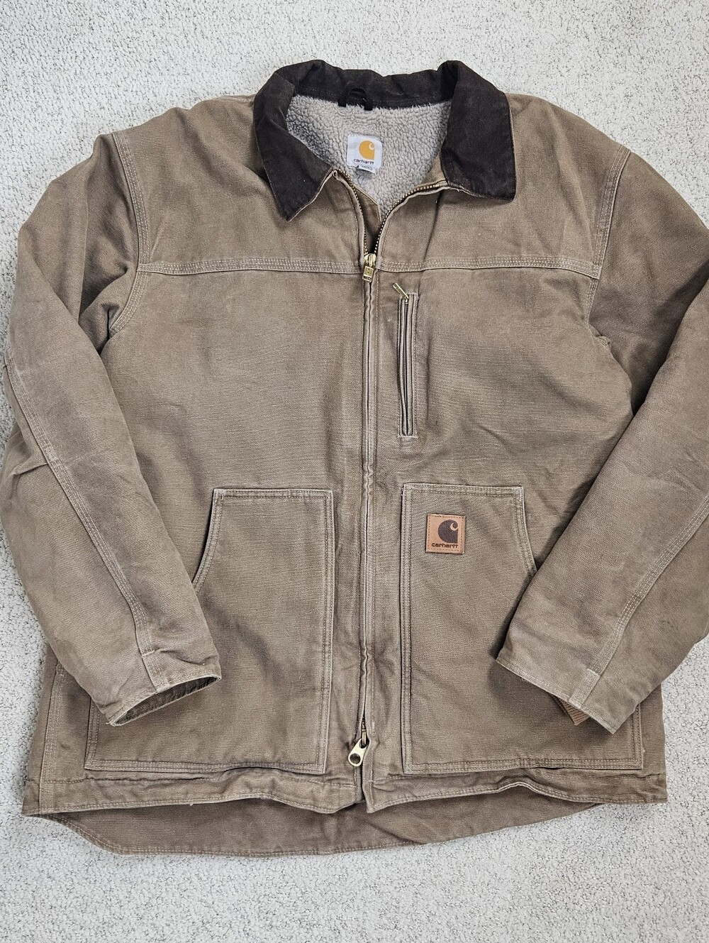 Carhartt C61 FRB Coat Brown Chore Sherpa Lined Mens L Workwear Canvas
